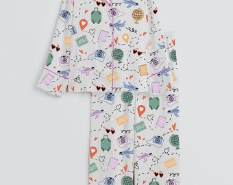 Reispyjamaset – korte nachtkleding met Wanderlust-print – Loungekleding voor vakantie en huwelijksreis