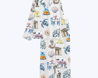 Greece Vacation Pajamas Set – Santorini Watercolor Sleepwear – Honeymoon & Summer Lounge Gift