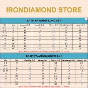May include: A product image from Irondiamond Store displays size charts for satin pajama sets. The charts include measurements in inches for long and short sets, detailing shoulder, length, sleeve, pant length, and inseam sizes for various US sizes.