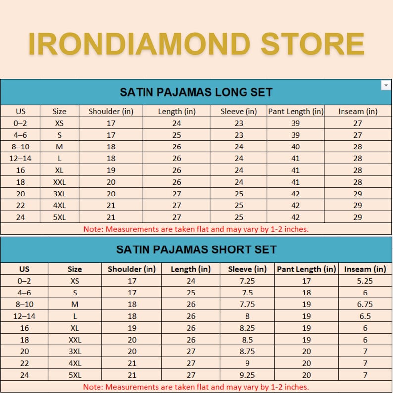 May include: A product image from Irondiamond Store displays size charts for satin pajama sets. The charts include measurements in inches for long and short sets, detailing shoulder, length, sleeve, pant length, and inseam sizes for various US sizes.