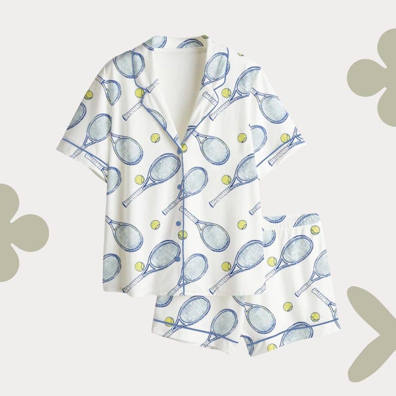 Tennis Racket Pajama Set – Blue Preppy Sport Print Sleepwear image 3