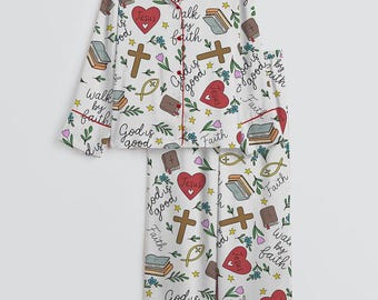 Christelijke pyjamaset – Faith Cross & Ichthys-nachtkleding met print, christelijk cadeau voor vrouwen
