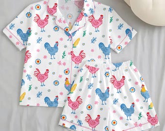 Rooster-pyjamaset – nachtkleding met boerderijkippenprint, landelijke loungeset