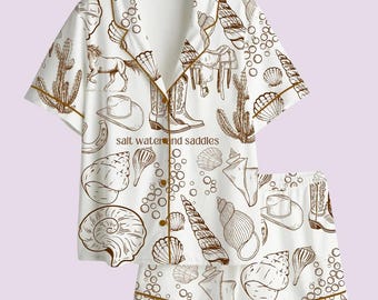 Coastal Cowboy-pyjamaset – nachtkleding westernzadel en oceaanprint