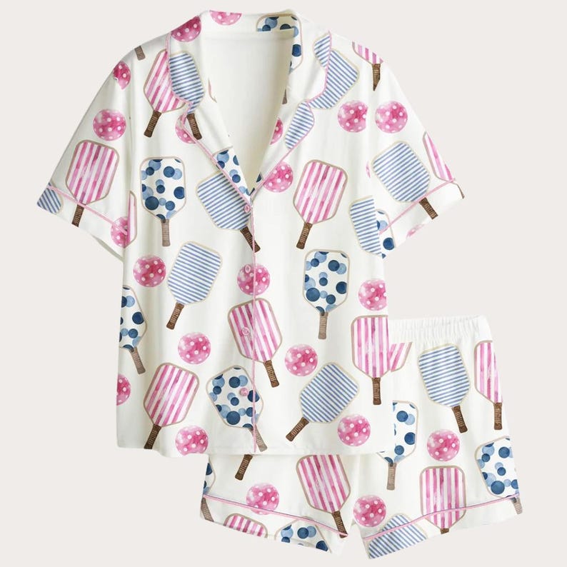 Komplet piżamowy do pickleballa – piżama z nadrukiem akwarelowym w kształcie rakietki i piłki zdjęcie 3