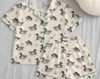 Pyjamaset wilde eend – vintage nachtkleding met vogelprint, cadeau voor natuurliefhebber