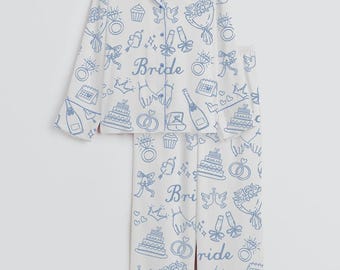 Pyjamaset bruid – blauwe toile bruidspyjama, outfit vrijgezellenfeest