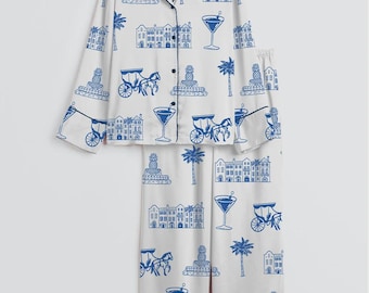 Charleston Toile-pyjamaset – blauwe toile-nachtkleding – loungekleding kustvakantie – cadeau bruidsfeest