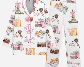 Pyjamaset Parijs – nachtkleding aquarel Franse stijl – cadeau verjaardags- of bruidsfeest