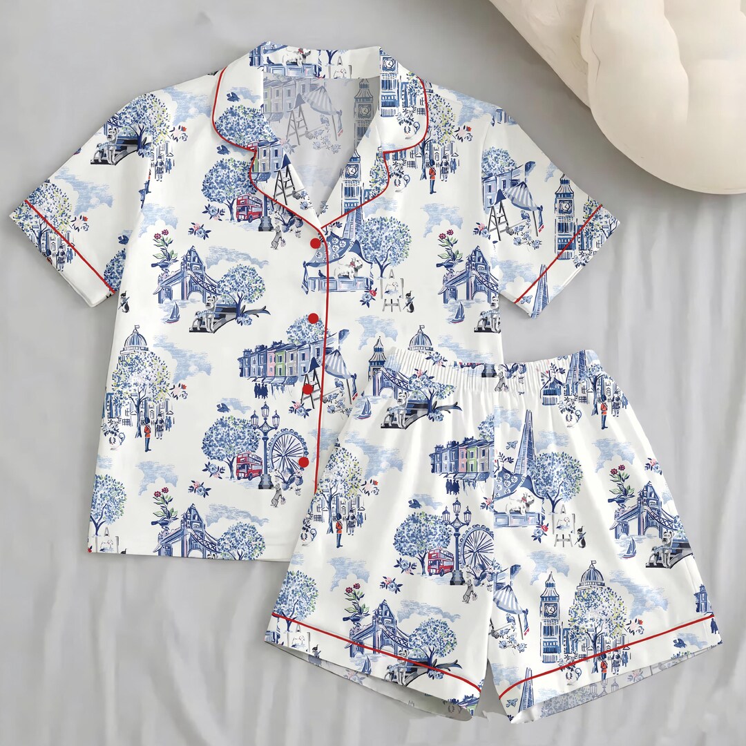 London Toile De Jouy Pajama Set – Short Sleeve Sleepwear, Travel Gift ...