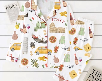 Italy Pajama Set – Watercolor Italian Vacation Sleepwear – Birthday Gift for Travelers & Summer Lounge Set