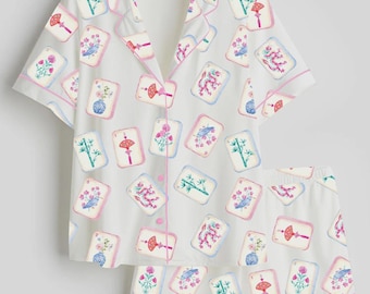 Mahjongpyjamaset – korte chinoiserie-nachtkleding – bruidsmeisje en verjaardagscadeau voor haar