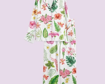 Pyjamaset met tropische bloemen – Hawaïaanse nachtkleding met korte mouwen – zomerbruidsmeisjescadeau en vakantie Loungekleding