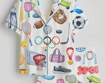 Pyjamaset sportliefhebber – aquarel sportpatroon pyjama’s – verjaardagscadeau voor sporter en sportfan