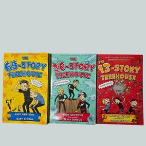 May include: Three children's books from "The Treehouse" series. The covers are brightly colored with illustrations and text. The titles are "65-Story Treehouse", "26-Story Treehouse", and "13-Story Treehouse". The author is Andy Griffiths, illustrated by Terry Denton.
