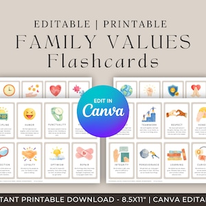 Afdrukbaar en bewerkbaar | Family Values Flashcards voor kinderen | Hulpmiddelen voor karaktervorming en opzettelijk ouderschap
