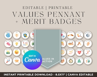 Printable Values Pennant & Merit Badges | Kids Character Reward System (Canva Template)