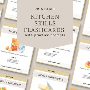 Puede incluir: Tarjetas didácticas imprimibles de habilidades culinarias con indicaciones de práctica. Las tarjetas presentan ilustraciones de acuarela e instrucciones paso a paso para diversas tareas de cocina. Las tarjetas incluyen instrucciones para hacer un sándwich, empacar un almuerzo.