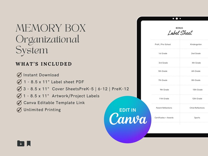 Printable & Editable School Memory Box Organization System | Covers and ...