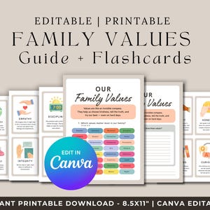 Guía de valores familiares imprimible y editable con tarjetas didácticas / Crianza intencional / Herramientas de conexión familiar