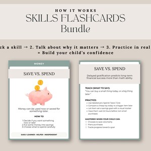Puede incluir: Paquete de tarjetas did&aacute;cticas de habilidades con el texto "How it Works". Las tarjetas ense&ntilde;an a los ni&ntilde;os sobre el dinero, con "Ahorrar vs. Gastar" como tema. Una tarjeta muestra una alcanc&iacute;a rosa con monedas de oro. La otra tarjeta tiene texto sobre la gratificaci&oacute;n aplazada.