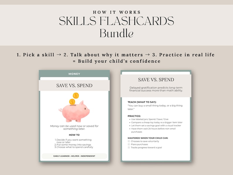 Puede incluir: Paquete de tarjetas did&aacute;cticas de habilidades con el texto "How it Works". Las tarjetas ense&ntilde;an a los ni&ntilde;os sobre el dinero, con "Ahorrar vs. Gastar" como tema. Una tarjeta muestra una alcanc&iacute;a rosa con monedas de oro. La otra tarjeta tiene texto sobre la gratificaci&oacute;n aplazada.