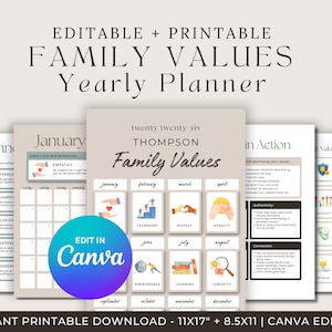 Könnte beinhalten: Druckbarer Familienwerte-Jahresplaner mit editierbaren Canva-Vorlagen. Der Planer enthält Monatskalender, Definitionen und Aktionspläne. Das Design zeigt Illustrationen und den Text "Family Values".