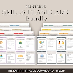 Puede incluir: Paquete de tarjetas did&aacute;cticas de habilidades imprimibles con varios temas. Cada tarjeta presenta un t&iacute;tulo, instrucciones e ilustraciones. Los temas incluyen atarse los zapatos, usar un despertador y hacer contacto visual. Tambi&eacute;n se ve el texto "Descarga imprimible instant&aacute;nea - 8.5x11".