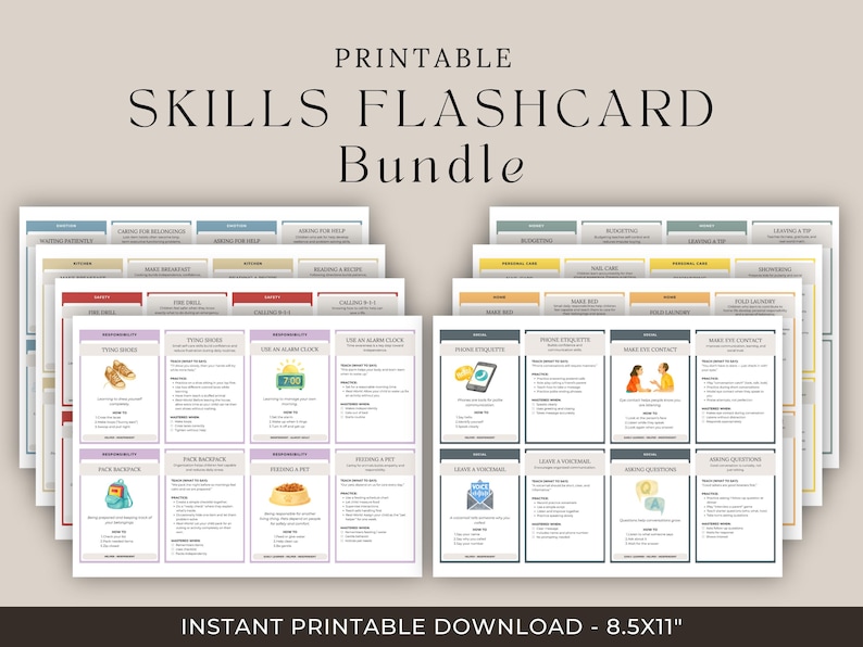 Puede incluir: Paquete de tarjetas did&aacute;cticas de habilidades imprimibles con varios temas. Cada tarjeta presenta un t&iacute;tulo, instrucciones e ilustraciones. Los temas incluyen atarse los zapatos, usar un despertador y hacer contacto visual. Tambi&eacute;n se ve el texto "Descarga imprimible instant&aacute;nea - 8.5x11".