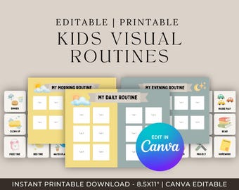 Kids Visual Routine Chart | Morning, Evening, Daily Schedules (Canva Editable)