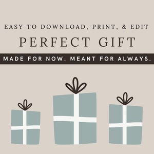 Puede incluir: Gr&aacute;fico digital con el texto "F&Aacute;CIL DE DESCARGAR, IMPRIMIR Y EDITAR REGALO PERFECTO HECHO PARA AHORA. PENSADO PARA SIEMPRE." Tres cajas de regalo azules estilizadas con cinta blanca sobre un fondo neutro.