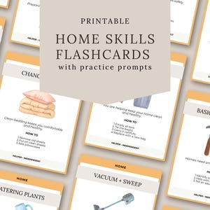 Puede incluir: Un conjunto de tarjetas didácticas imprimibles de habilidades domésticas con indicaciones de práctica. Las tarjetas presentan ilustraciones en acuarela e instrucciones de texto para diversas tareas domésticas, como limpieza, mantenimiento y jardinería. Las tarjetas están diseñadas para principiantes.