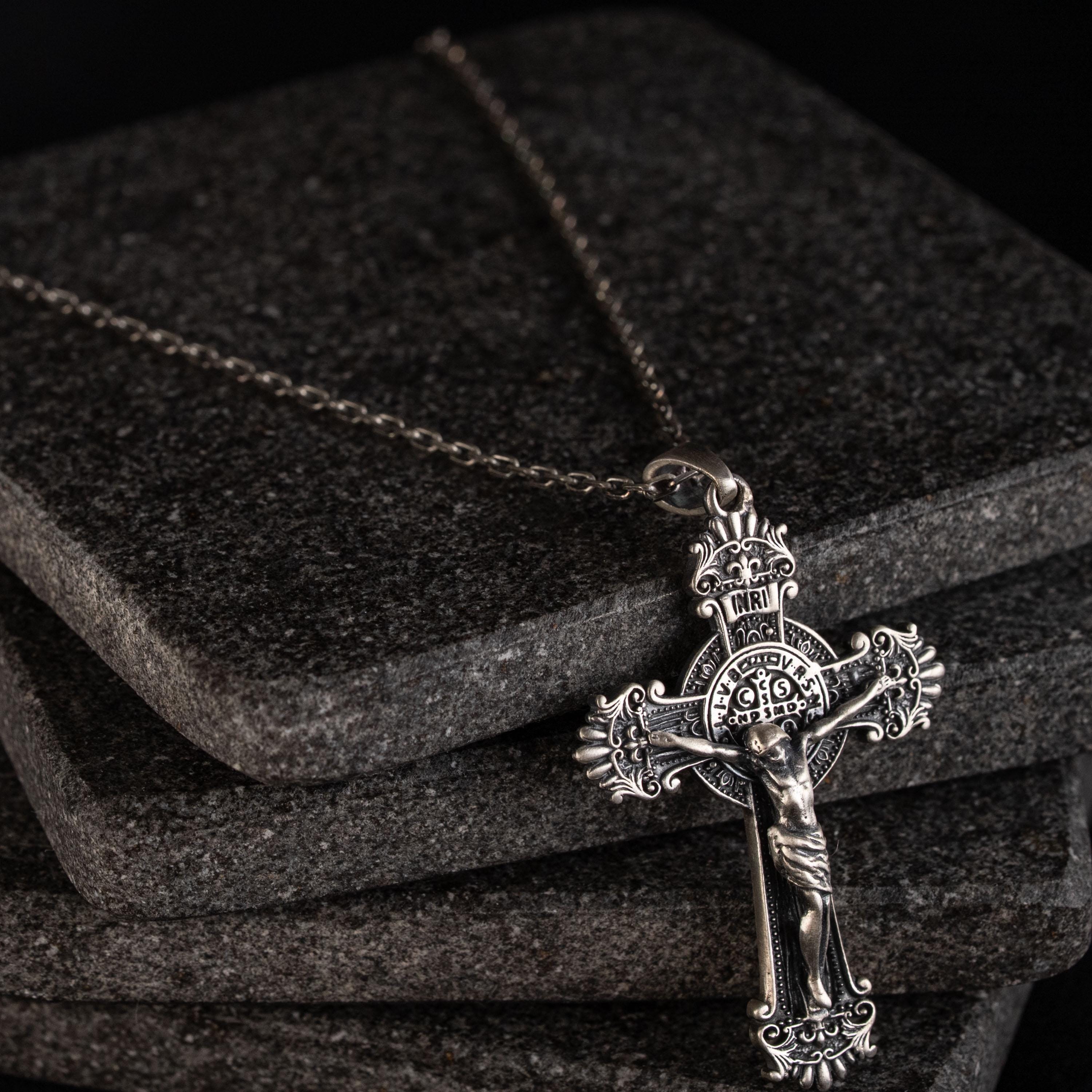 Jesus Crucifix Necklace, 925 Sterling Silver Handmade Unisex Benedict ...