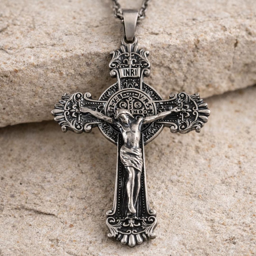 Jesus Crucifix Necklace, 925 Sterling Silver Handmade Unisex Benedict ...
