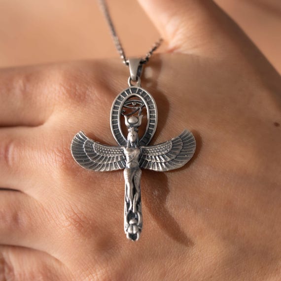 Isis Ankh Necklace 925 Sterling Silver Pendant, Handmade Winged Goddess Jewelry, Eye of Horus Egyptian Mythology Gift Unisex
