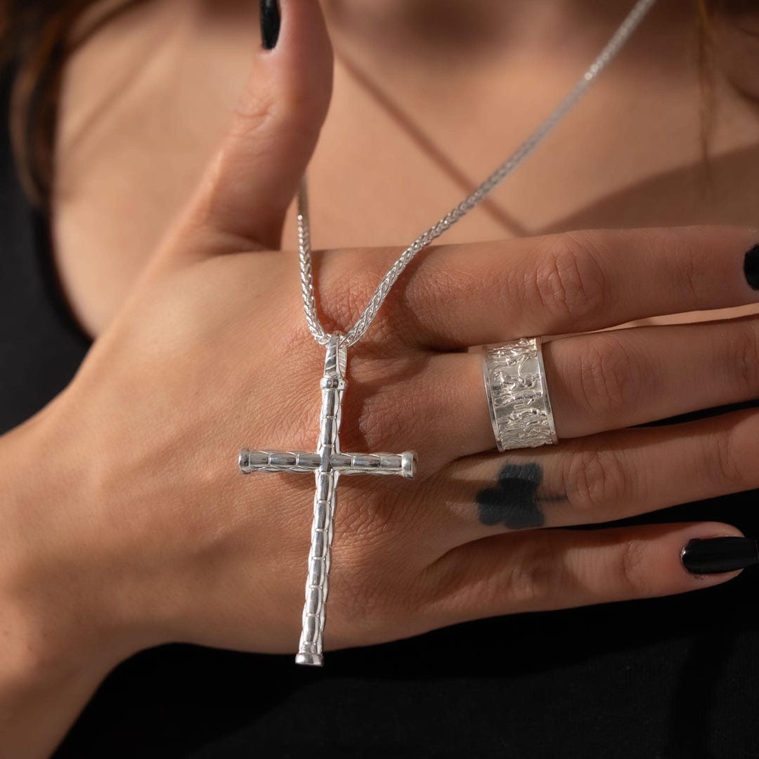 Cross Necklace 925 Sterling Silver Unisex, Bamboo Pendant Handmade ...