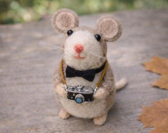 Handgefilzte Maus Geschenk-Set - Fotografin Figur mit Vintage Kamera, Cottagecore Geschenk, Miniatur Tier Sammlerstück mit Canvas Tasche