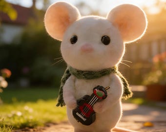 Handgemachte nadelgefilzte Maus - Kleine Gitarren-Maus Figur, Wolle Tier Dekor, Maus Sammlerstück, Märchenbuch Maus Geschenk Set mit Tasche