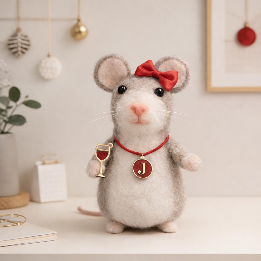 Figurina Raton Ratón de fieltro con copa de vino – Set de regalo con inicial ...