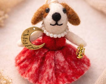 Ich liebe dich bis zum Mond und zurück Geschenk, handgemachte Filz Hund Ornament, Wollfilz Hund Taschenanhänger, Mini Filz Auto Dekor, personalisiertes Geschenk für sie
