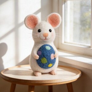 Handmade Easter Mouse With Egg, Needle Felt Animal Figurine, Spring Decor, Tiny Desk Buddy, Easter Table Decoration, Cute Desk Companion