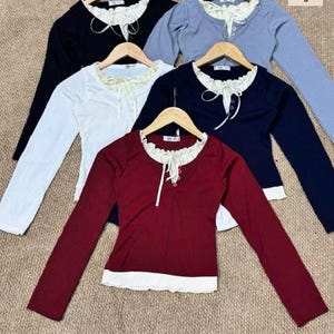 Women’s Long Sleeve Ruffle Bow Blouse, Basic Cream Collar Top, Feminine Fall Winter Shirt, Elegant Casual Aesthetic Top