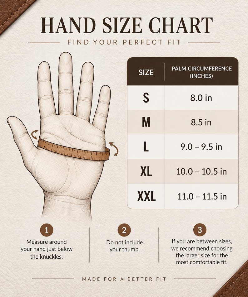 May include: A hand size chart with a line drawing of a hand and a measuring tape. The chart lists sizes S through XXL with corresponding palm circumference measurements in inches from 8.0 in to 11.5 in. Includes instructions for measuring.