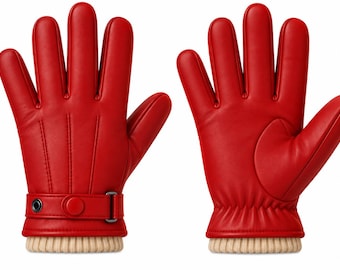 May include: A pair of bright red leather gloves featuring a smooth finish and vertical stitching on the back. The left glove includes a decorative strap with a metal buckle and snap button, while both have a ribbed beige knit cuff at the wrist.
