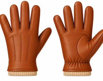 May include: A pair of cognac-colored leather gloves featuring three decorative stitched lines on the back of the hand, a reinforced palm patch, and a ribbed beige knit cuff at the wrist for a secure fit and added texture.