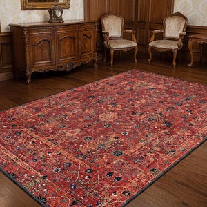 Tappeto rosso in stile persiano vintage, tappeto orientale anticato, tappeto tradizionale per soggiorno