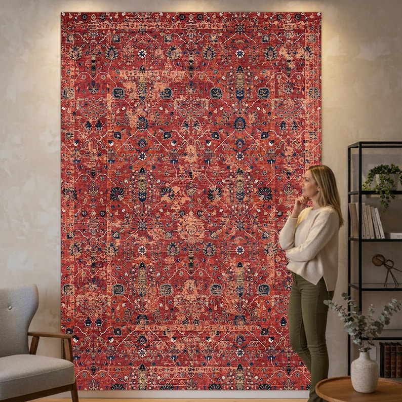 Vintage Persian Style Red Rug, Distressed Oriental Area Rug ...
