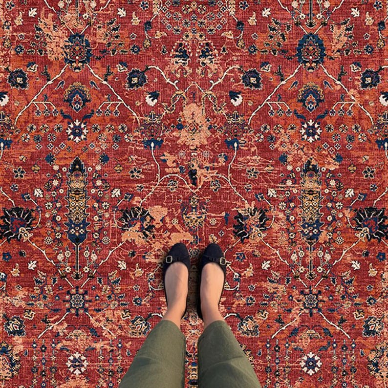 Vintage Persian Style Red Rug, Distressed Oriental Area Rug ...