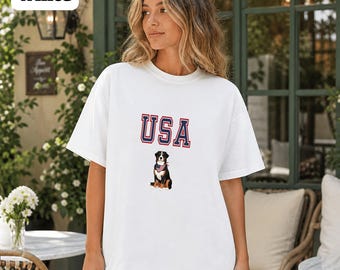 Komfortfärgad unisex-t-shirt, amerikansk berner sennenhund-t-shirt, patriotisk berner sennenhund-t-shirt, 4 juli berner-t-shirt, berner hund