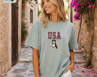 Hund T-shirt med 4 juli-motiv för australisk herdehund